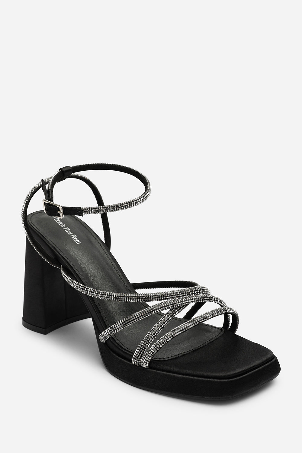 Qelixa Wide Fit Silver Diamante Cross Over Strappy Platform Heels in Black Satin