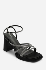 Qelixa Silver Diamante Cross Over Strappy Platform Heels in Black Satin