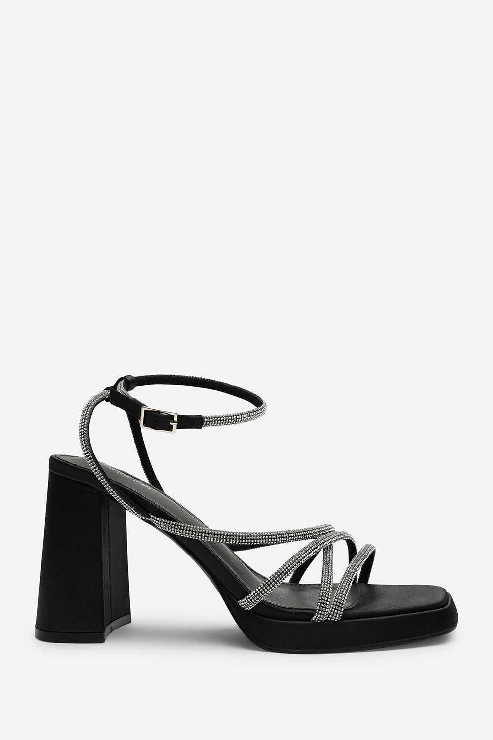 Qelixa Wide Fit Silver Diamante Cross Over Strappy Platform Heels in Black Satin