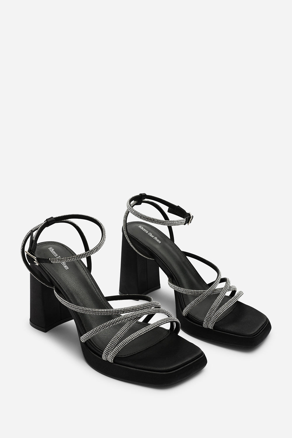 Qelixa Silver Diamante Cross Over Strappy Platform Heels in Black Satin