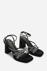 Qelixa Silver Diamante Cross Over Strappy Platform Heels in Black Satin