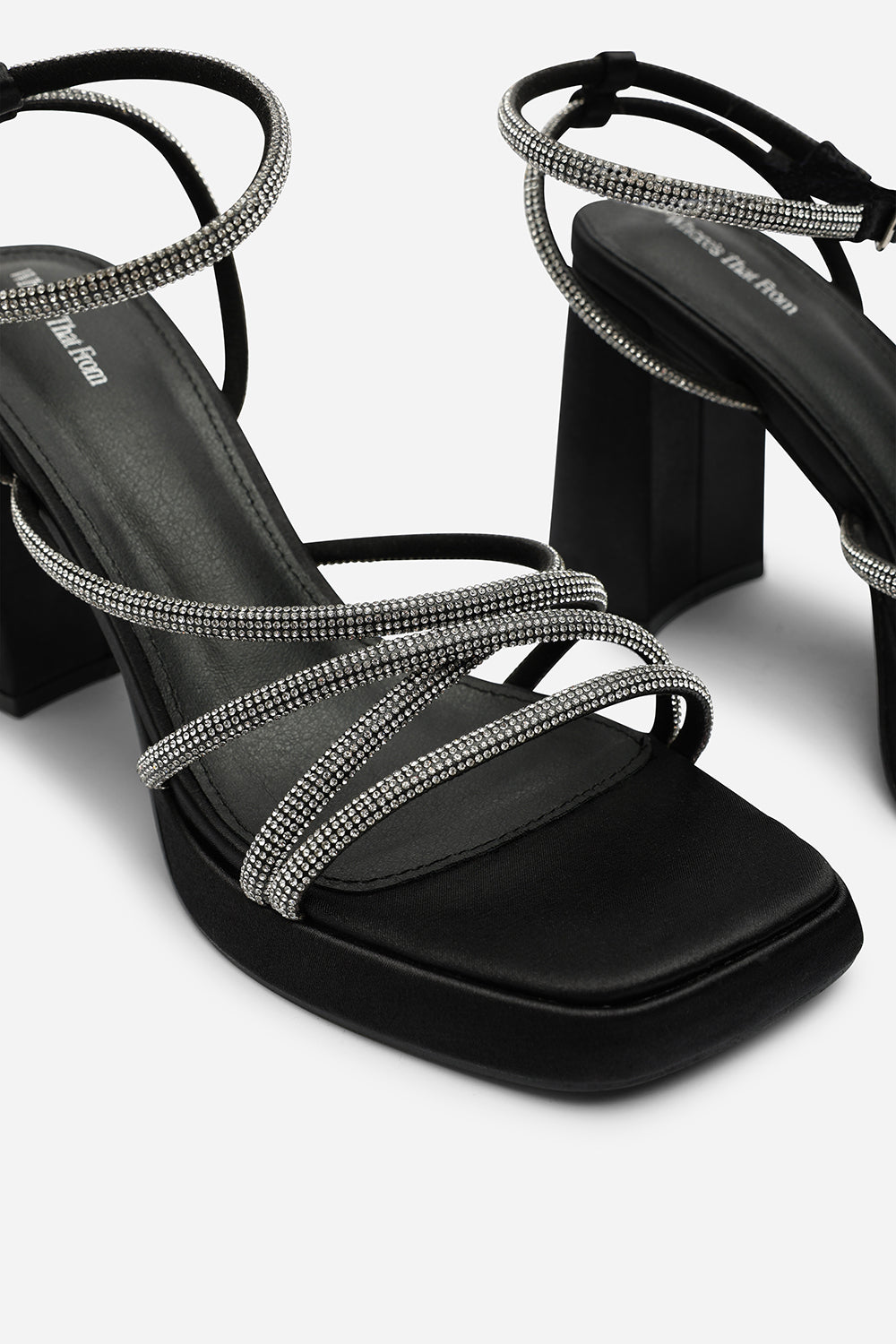 Qelixa Silver Diamante Cross Over Strappy Platform Heels in Black Satin