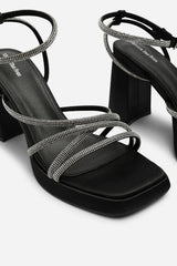 Qelixa Wide Fit Silver Diamante Cross Over Strappy Platform Heels in Black Satin