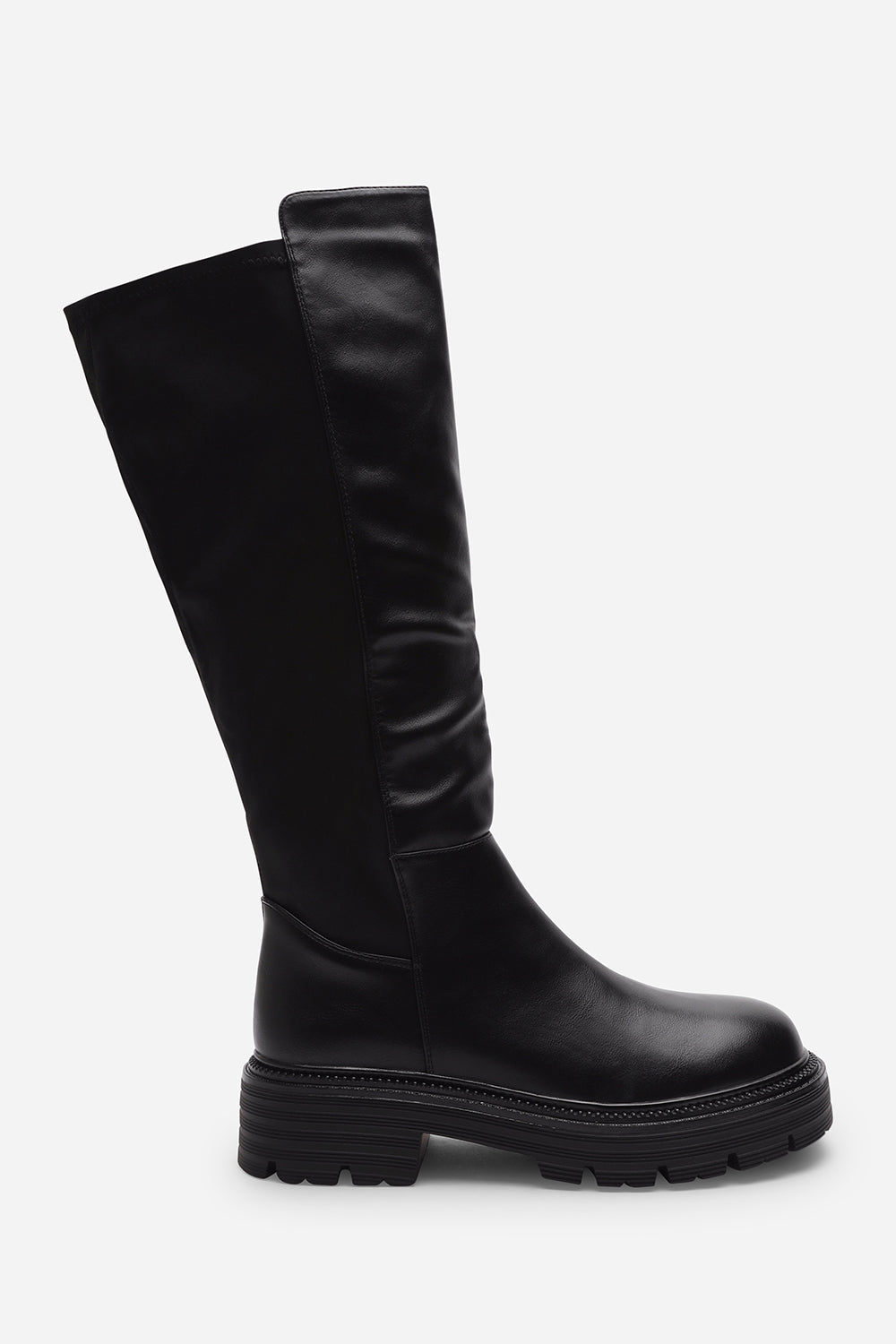 Alia Black Over The Knee Low Block Heel Boots with Ribbed Knit Panel Detail