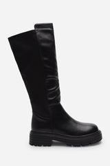 Alia Black Over The Knee Low Block Heel Boots with Ribbed Knit Panel Detail