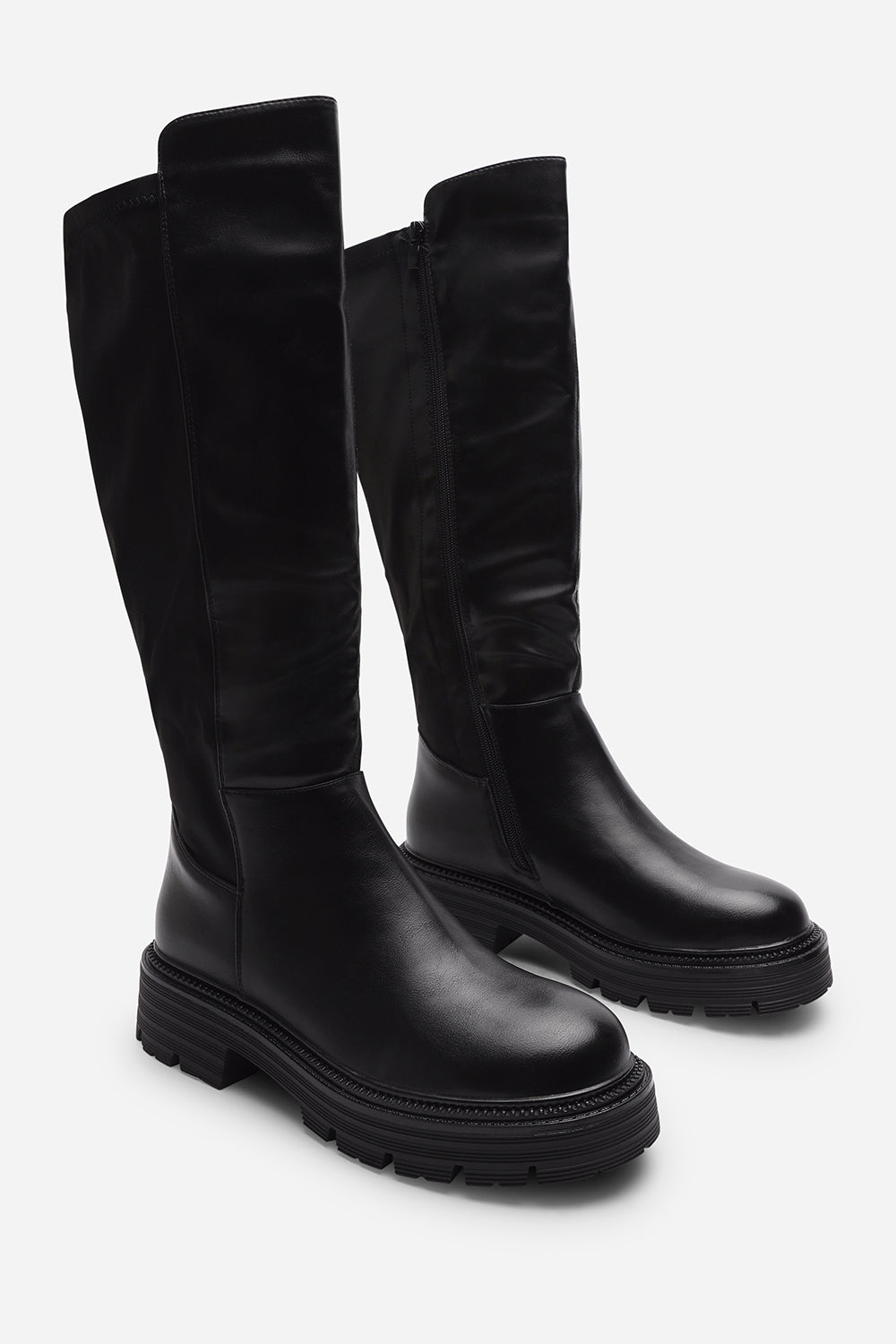 Alia Black Over The Knee Low Block Heel Boots with Ribbed Knit Panel Detail