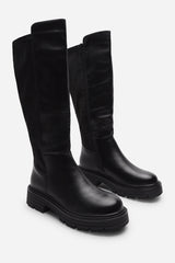 Alia Black Over The Knee Low Block Heel Boots with Ribbed Knit Panel Detail