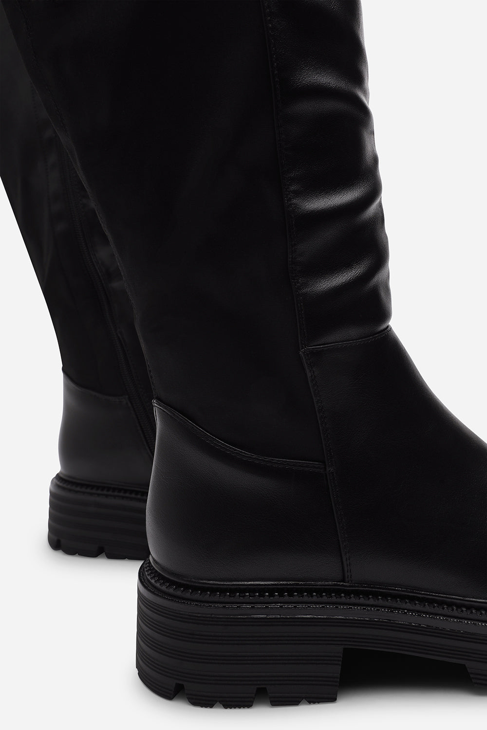 Alia Black Over The Knee Low Block Heel Boots with Ribbed Knit Panel Detail