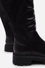 Alia Black Over The Knee Low Block Heel Boots with Ribbed Knit Panel Detail