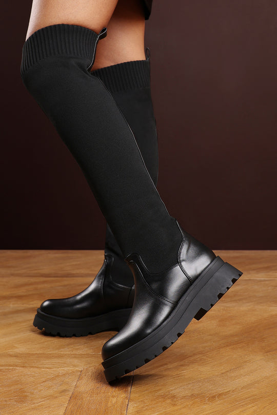 Alia Black Over The Knee Low Block Heel Boots with Ribbed Knit Panel Detail