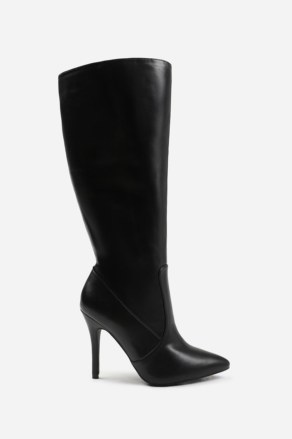 ZOYA WIDE CALF HIGH HEEL BOOT IN WIDE E FIT IN BLACK FAUX LEATHER