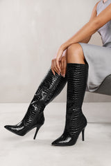 ZOYA HIGH HEEL BOOT IN BLACK CROCO PATENT