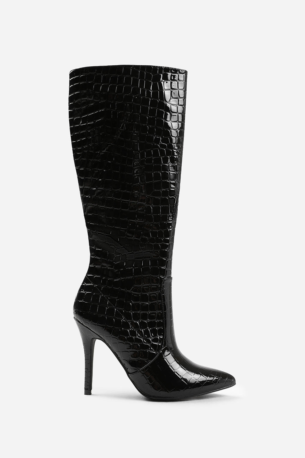 Noa Black Croc Knee High Stiletto Heeled Boots