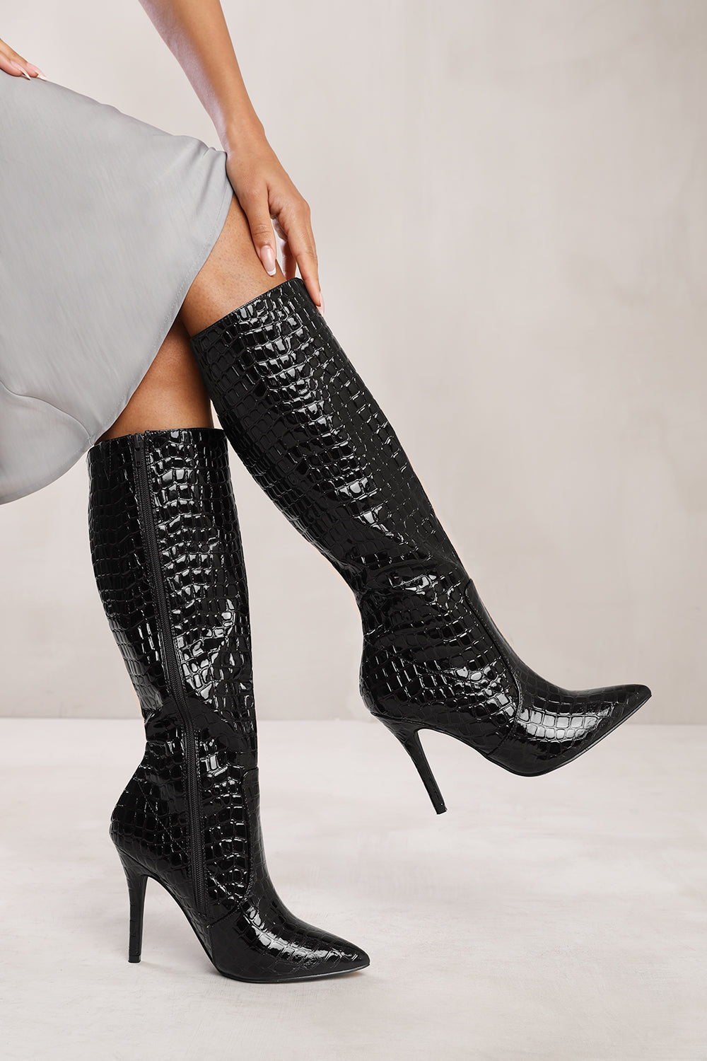 ZOYA HIGH HEEL BOOT IN BLACK CROCO PATENT