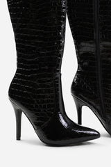 Noa Black Croc Knee High Stiletto Heeled Boots