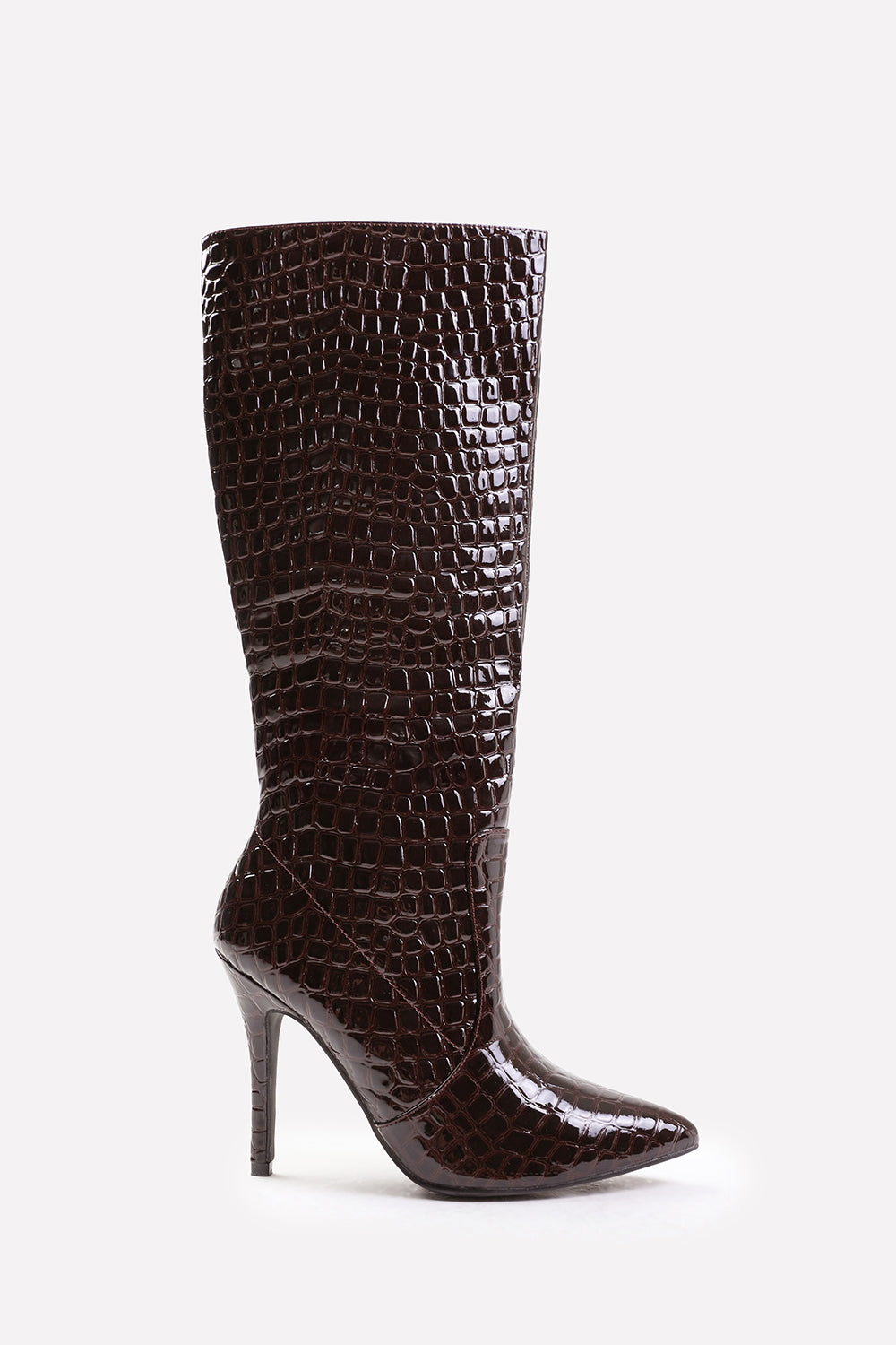 ZOYA HIGH HEEL BOOT IN DARK BROWN CROCO PATENT