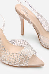 Quenna Nude Embellished Clear Upper Slingback Heels