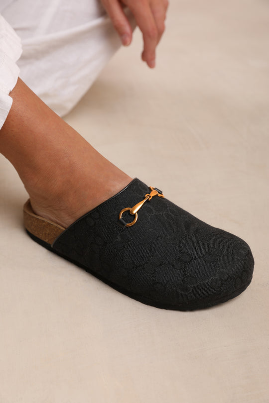 DUBLIN SLIP ON CLOG SHOE WITH GOLD DETAIL IN BLACK