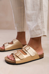 WILLOW TWO STRAP FLAT SANDALS WITH BUCKLE DETAIL IN GOLD MATT PU