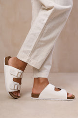 WILLOW TWO STRAP FLAT SANDALS WITH BUCKLE DETAIL IN WHITE PU