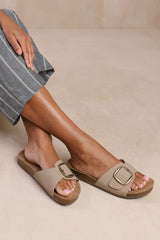 SEQUOIA FLAT SINGLE STRAP SANDALS WITH BUCKLE DETAIL IN CAMEL NUBUCK