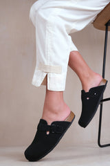 PALM CLOSED TOE FLAT SANDALS WITH BUCKLE DETAIL IN BLACK NUBUCK