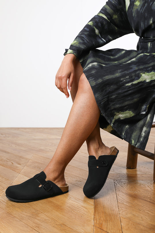 Zara Clog Inspired Slider Sandal in Black Faux Suede