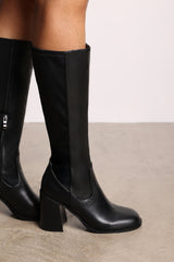 Jolie Black Faux Leather Knee High Stretch Boots with Block Heel Zip