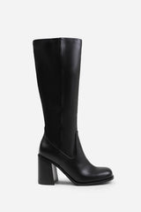Jolie Black Faux Leather Knee High Stretch Boots with Block Heel Zip