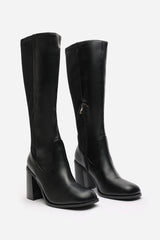Jolie Black Faux Leather Knee High Stretch Boots with Block Heel Zip