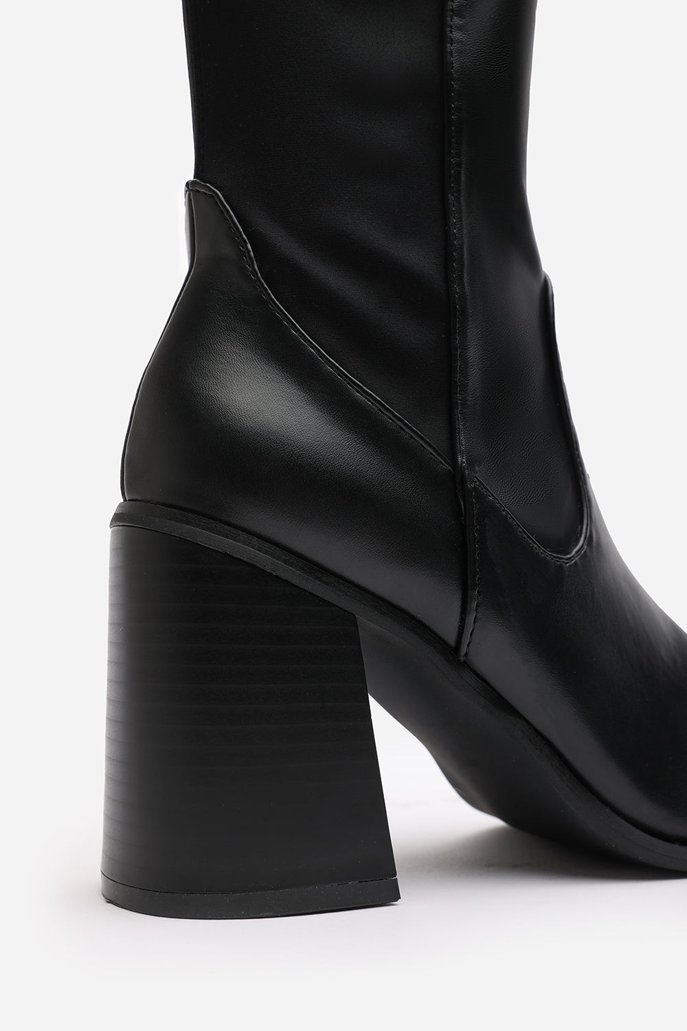 Jolie Black Faux Leather Knee High Stretch Boots with Block Heel Zip