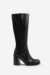Nylis Black Stretch Panel Knee High Flared Block Heel Boots