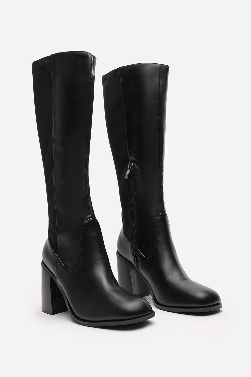 Nylis Black Stretch Panel Knee High Flared Block Heel Boots