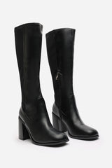 Nylis Black Stretch Panel Knee High Flared Block Heel Boots