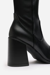Nylis Black Stretch Panel Knee High Flared Block Heel Boots