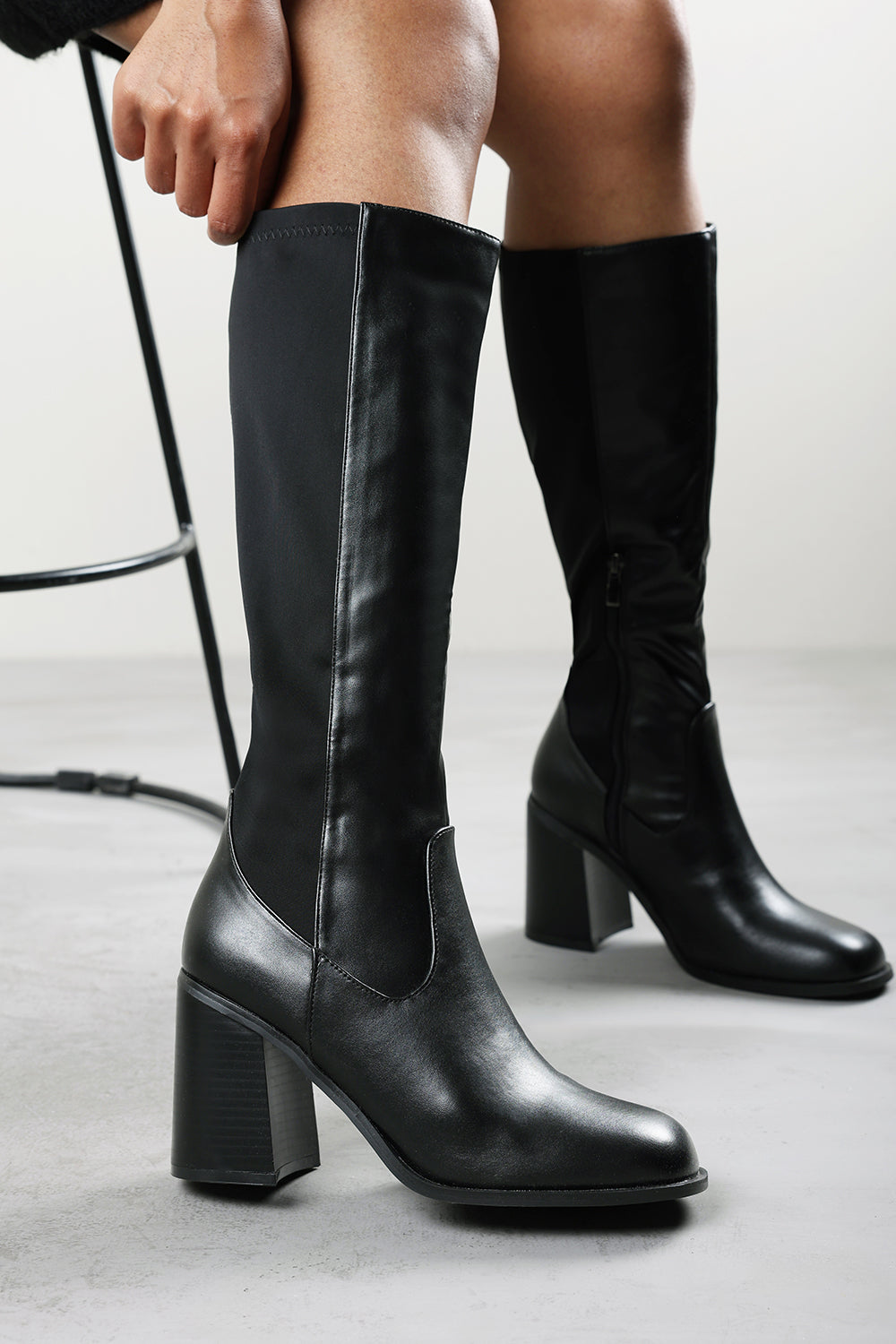 Nylis Black Stretch Panel Knee High Flared Block Heel Boots