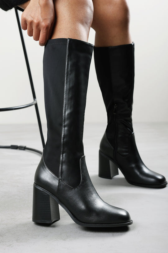 Nylis Black Stretch Panel Knee High Flared Block Heel Boots