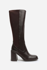 Nylis Dark Brown Stretch Panel Knee High Flared Block Heel Boots