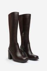 Zhuri Stretch Wide Calf Block Heel Knee High Boots In Wide E Fit In Brown Faux Leather