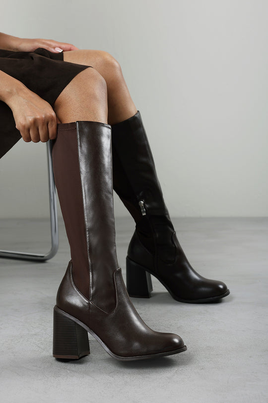 Nylis Dark Brown Wide Calf Stretch Panel Knee High Flared Block Heel Boots
