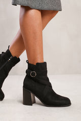 TEAGAN ANKLE BOOT WITH CHUNKY HEEL AND CROSS OVER STRAP DETAIL IN BLACK SUEDE