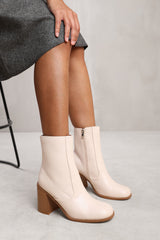 WREN ANKLE BOOT WITH CHUNKY HEEL AND SIDE ZIP IN CREAM FAUX LEATHER