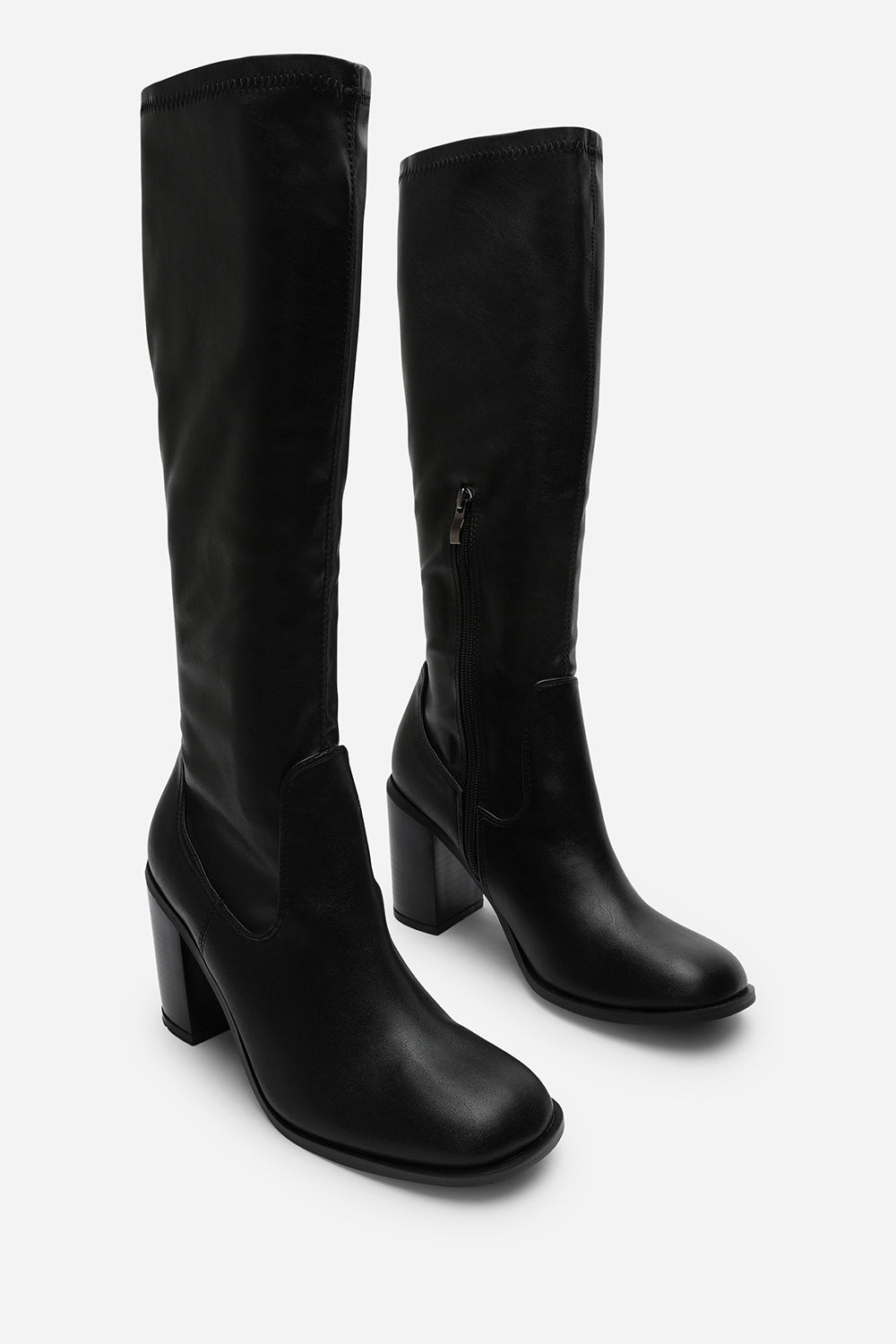 Farah Knee High Block Heel Boots in Stretch Black Faux Leather