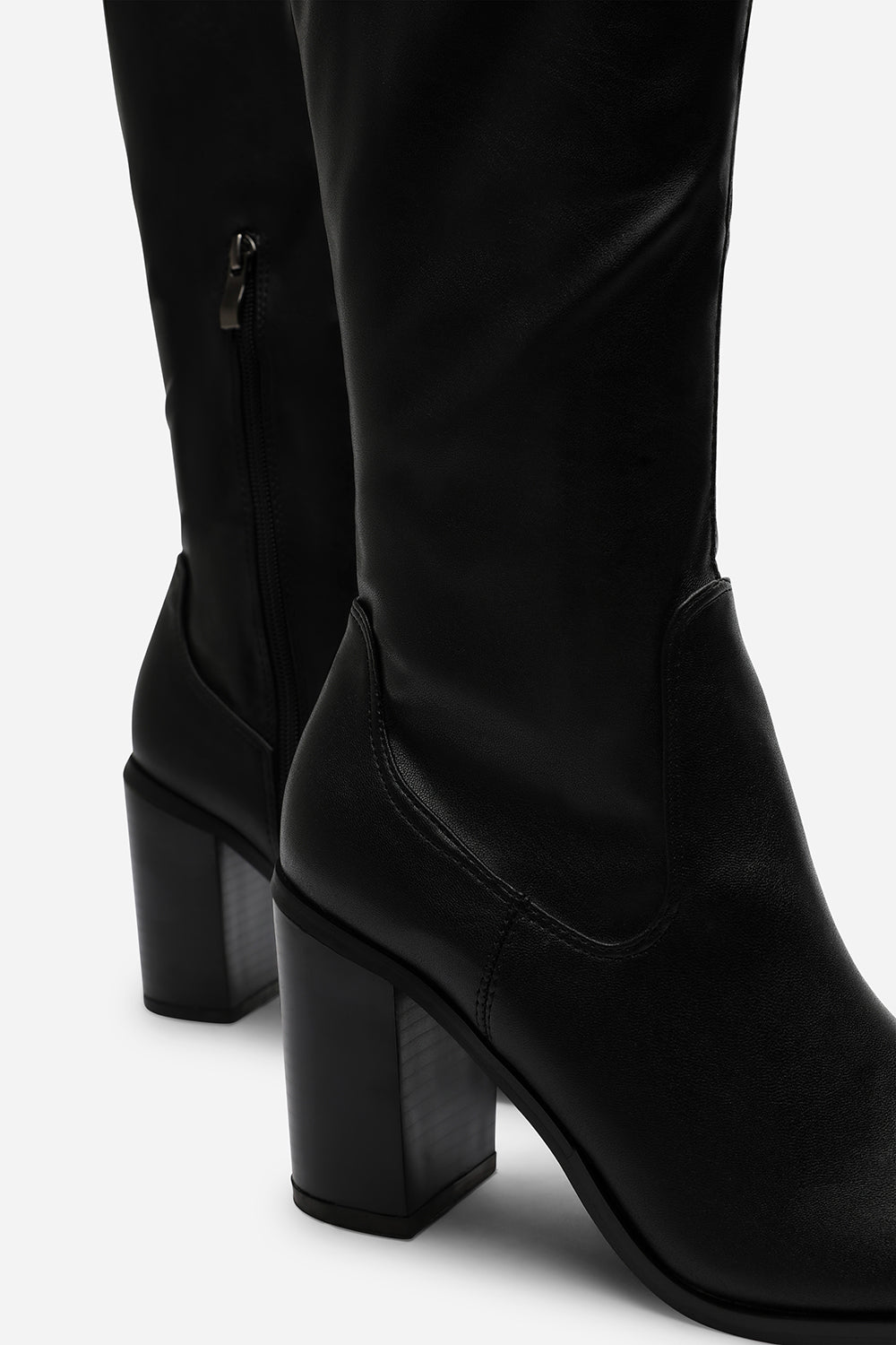 Farah Knee High Block Heel Boots in Stretch Black Faux Leather