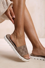 CATHERINE FLAT SANDAL WITH PATTERNED STRAP DETAIL IN BEIGE FAUX LEATHER