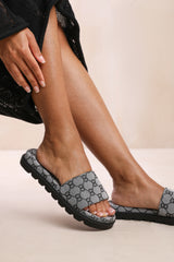 CATHERINE FLAT SANDAL WITH PATTERNED STRAP DETAIL IN GREY FAUX LEATHER