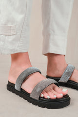 DEFINE FLAT SANDAL WITH CLEAR DIAMOND STRAP IN BLACK PU