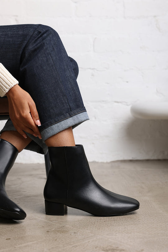 Verity Black Faux Leather Square Toe Ankle Boots with Low Block Heel