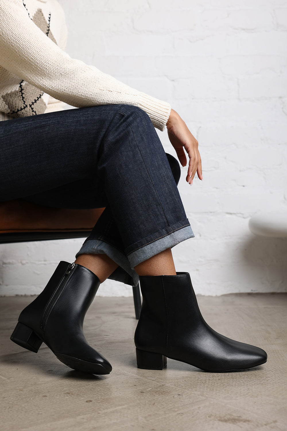 Verity Black Faux Leather Square Toe Ankle Boots with Low Block Heel