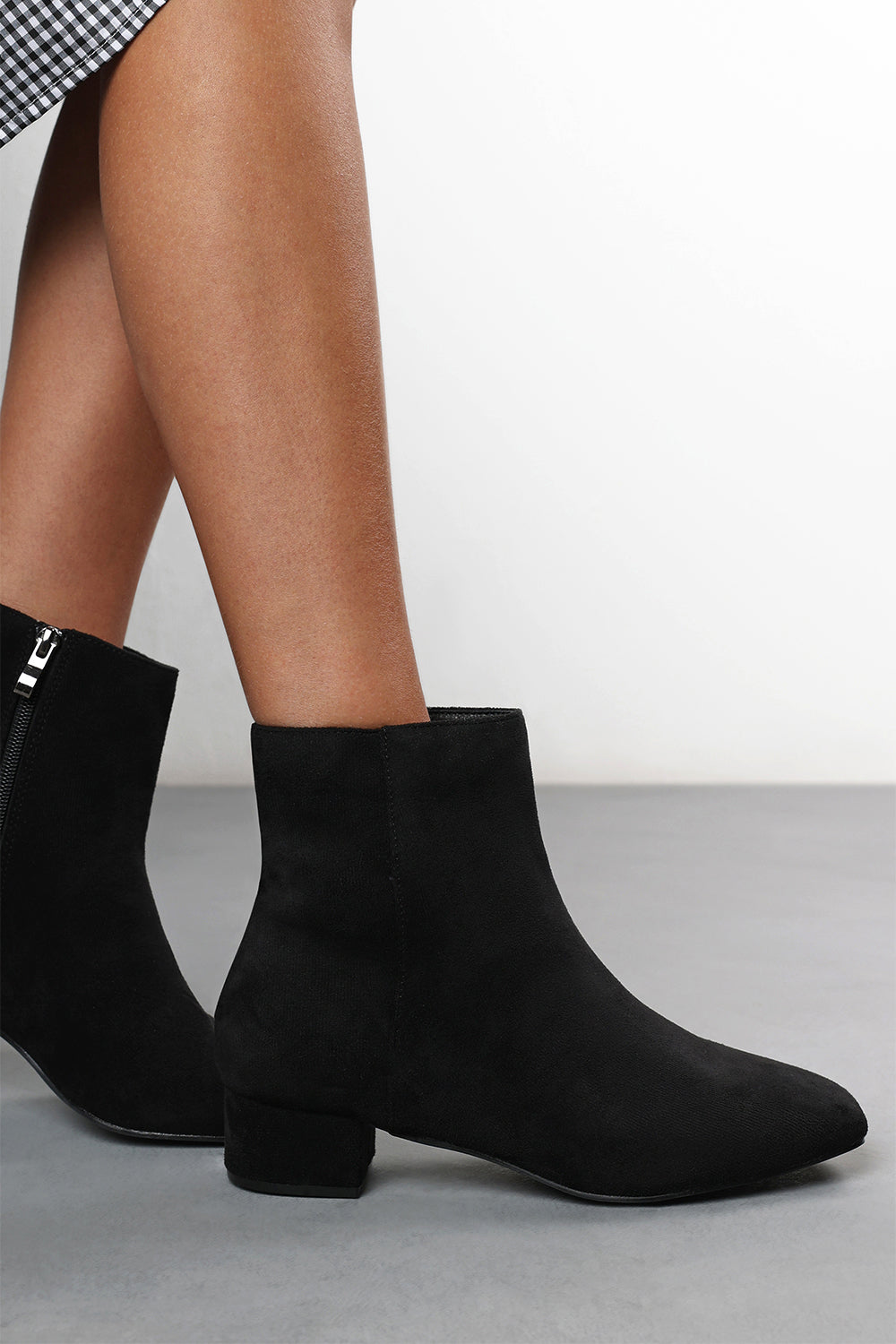 Verity Black Faux Suede Square Toe Ankle Boots with Low Block Heel